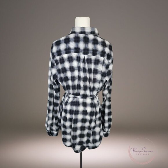 Eden & Olivia Flannel Shirt Jacket XL – Black White Plaid Belted Tunic - Picture 2 of 6